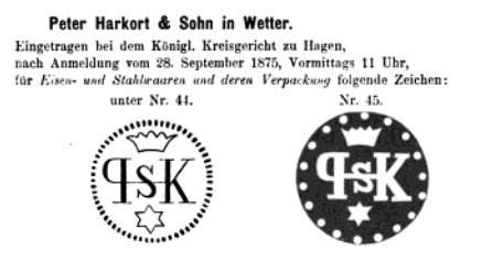 Eingetragenes Warenzeichen der Firma Peter Harkort & Sohn aus dem Jahr 1875